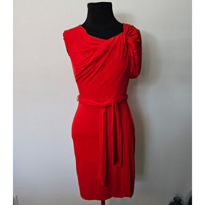 EUC Trina Turk Women's Red Stretch Jersey Twisted Shoulder Fitted Dress  0